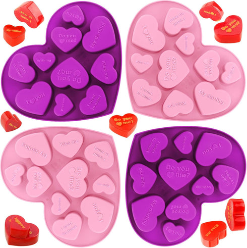 Patelai 4 Pieces Mixed Size Heart Molds - 40 Holes Silicone Molds for Valentine's Day Baking, Non-Stick (Pink, Purple)