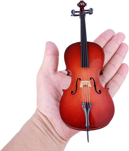Dselvgvu (8.07"x2.87"x0.91") Wooden Miniature Cello with Stand, Bow and Case Mini Musical Instrument Cello Replica