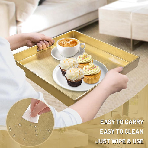 13" 13" 1.6" MAONAME Gold Decorative Tray with Handles, Foil Serving Tray for Ottoman, Square Coffee Table Trays