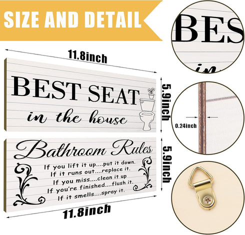 Jetec 2 Pieces Funny Bathroom Pictures Wall Sign Decor, Rustic Toilet Rule Wall Art, Best Seat Wooden Sign