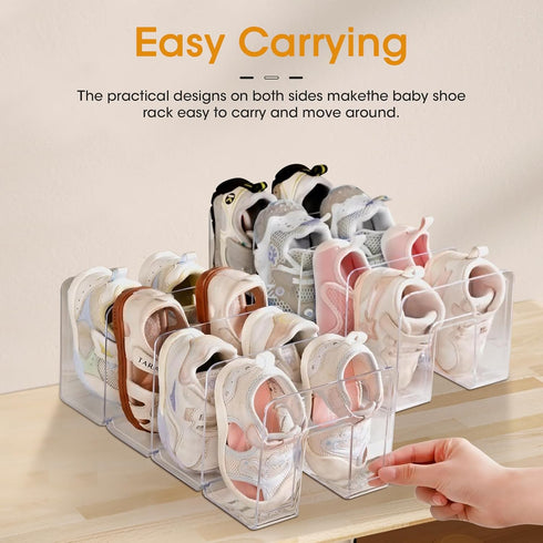 Adando Closet (4 Pack) Kids Shoe Organizer Stackable: Clear Acrylic Baby Shoe Rack with Dividers - Storage for Toddlers