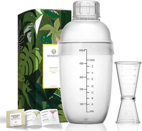 Homestia Plastic Cocktail Shaker with Scale and Jigger Set - 18 oz - Clear Plastic Drink Mixer Bartender Kit