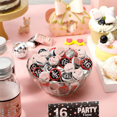 Zonon 504 Pieces Sweet 16 Birthday Party Favors Stickers, Mini Kisses Candy Wrappers, Sweet Sixteen Decorations