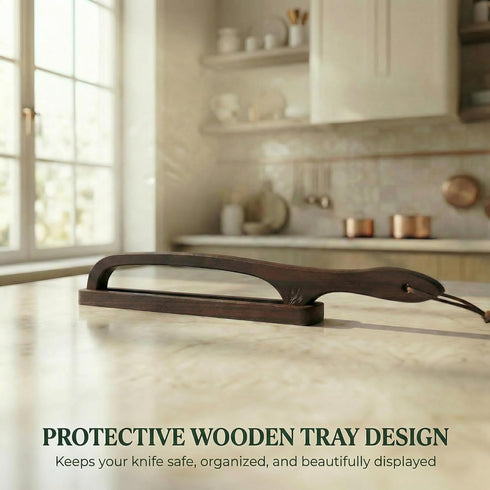 BreeziiDesign 16.5" Bread Knife with Wooden Tray, Serrated Sourdough Bread Knife, Premium Bow Bread Slicer for Homemade