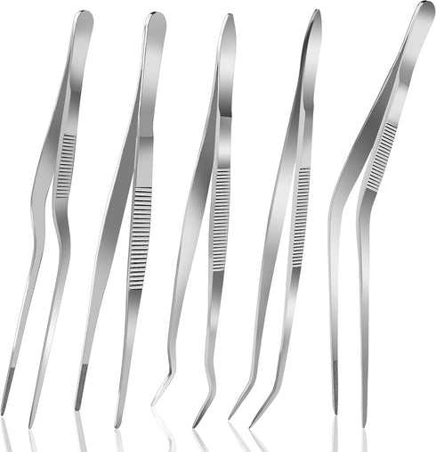 6.3 Inch Food Tweezers Set, 5PCS Stainless Steel with Precision Serrated Tips for Cooking, Baking, Cake Decoration