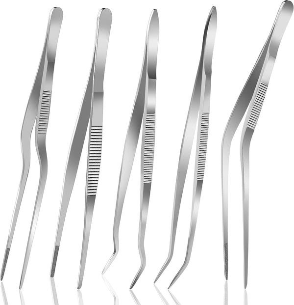 6.3 Inch Food Tweezers Set, 5PCS Stainless Steel with Precision Serrated Tips for Cooking, Baking, Cake Decoration