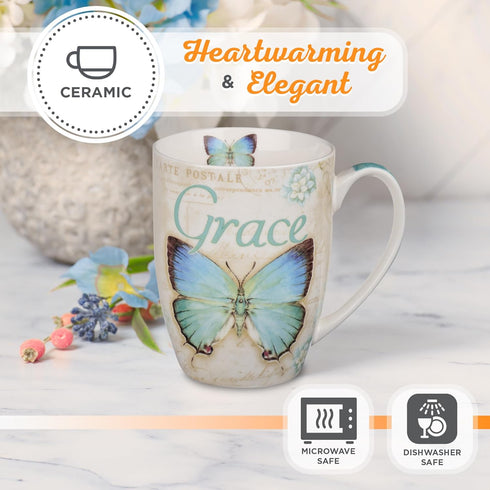 Christian Art Gifts Botanic Blue Butterfly Ceramic Coffee Mug, 12 oz - Inspirational with Bible Verse: Grace - Eph. 2:8