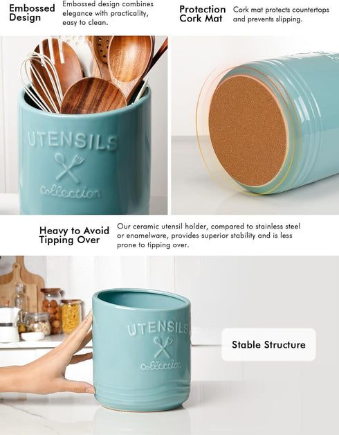 AISBUGUR Large Ceramic Utensil Holder, 7.5" H×6.3" W with Slanted Mouth, Non-Slip Cork Base for Kitchen Decor