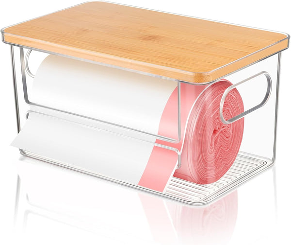 Trash Bag Holder Dispenser, Garbage Bag Dispenser with Bamboo Lid & Handles,