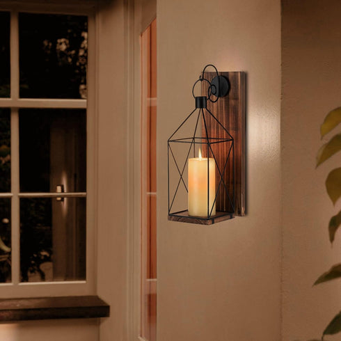 Candle Sconces Wall Decor: Farmhouse Wood Candle Holder Indoor Black Metal Lantern Decorations for Living Room Front