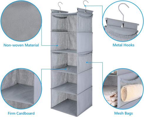 MAX Houser 5 Shelf Hanging Closet Organizer - Space Saver with (4) Side Pockets, Foldable, Light Grey