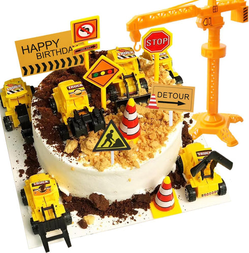 Vitalili Construction Cake Topper, 18 PCS Construction Cake Decorations Set Excavator Tower Crane