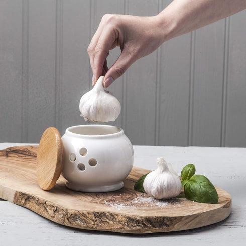 WM Bartleet & Sons 1750 Traditional Porcelain Garlic Storage Pot, 10cm, Wooden Lid, White, One Size