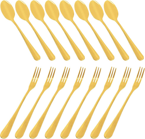 Set of 16 Gold 4 Inch Demitasse Espresso Spoons and 4.8 Inch Stainless Steel Forks for Dessert