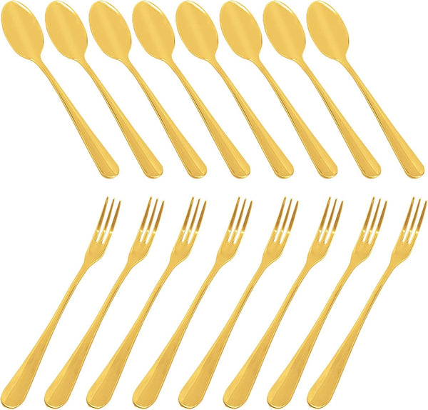 Set of 16 Gold 4 Inch Demitasse Espresso Spoons and 4.8 Inch Stainless Steel Forks for Dessert