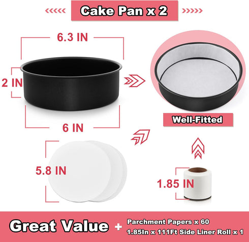 E-far 6 Inch Cake Pans Set of 2, Nonstick Stainless Steel Small Round Baking Pans with Parchment Paper & Side Liner Roll, Stainless Steel Core & Non-toxic Coating, Straight Side & 2 Inch Deep by E-far
