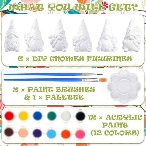 Poen 6 Sets Ready to Paint Your Own Ceramic Gnome Statues Spring DIY Unpainted Ceramics Gnome Figurines Kit Spring