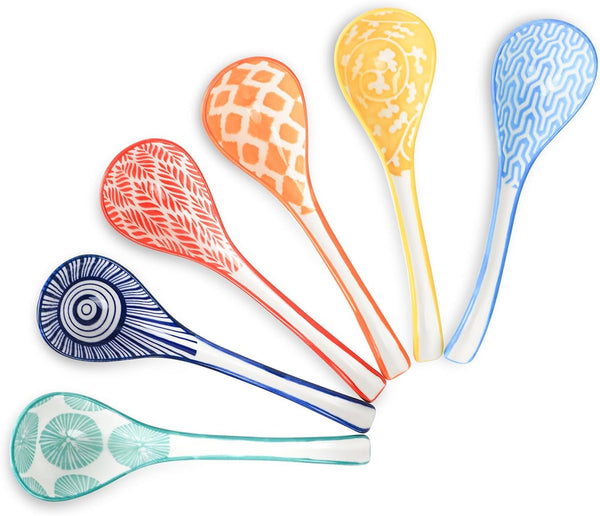 Selamica Ceramic Asian Soup Spoons Set of 6, 6.3 Inch Ramen, Japanese Soup Spoons for Noodles, Assorted Colors