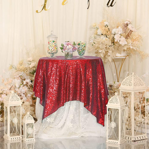 Eternal Beauty Red Square Sequin Tablecloth, Sparkly Overlay for Wedding Party Birthday Baby Shower Christmas 48"x48"