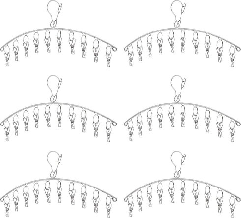 Clothes Hanger with 10 Clips, Stainless Steel Laundry Drying Rack 6 Pack, Windproof Clip and Drip Hanger for Socks,