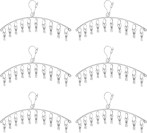 Clothes Hanger with 10 Clips, Stainless Steel Laundry Drying Rack 6 Pack, Windproof Clip and Drip Hanger for Socks,