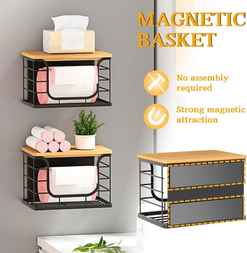 2 Pack Magnetic Shelf for Fridge Trash Bag Organizer, Stackable Garbage Bag Holder with Bamboo Lid, Magnetic Storage