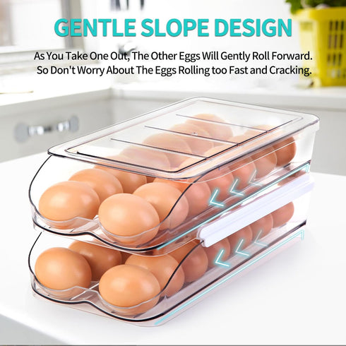 Egg Holder for Fridge, Automatic Rolling Egg Container for Refrigerator, Stackable Fridge Organizers and Storage with Lid, Clear Plastic Egg Dispenser,Bin & Tray (1 Tier)
