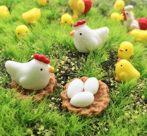 DoTebpa 44 Pcs Miniature Family Chicken, Cock, Hen, Egg, Chicken Nest Ornament Micro Landscape Fairy Garden Dcor