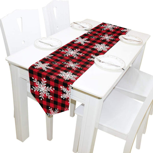 WOOR Double-Sided Snowflakes Table Runner - 13 x 70 Inches Buffalo Plaid Background, Christmas Table Cloth for Holiday
