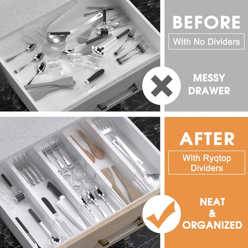 Bamboo Drawer Dividers Organizers, 4-Pack - Adjustable Drawer Divider for Kitchen, Clothes, Bathroom, Office, White