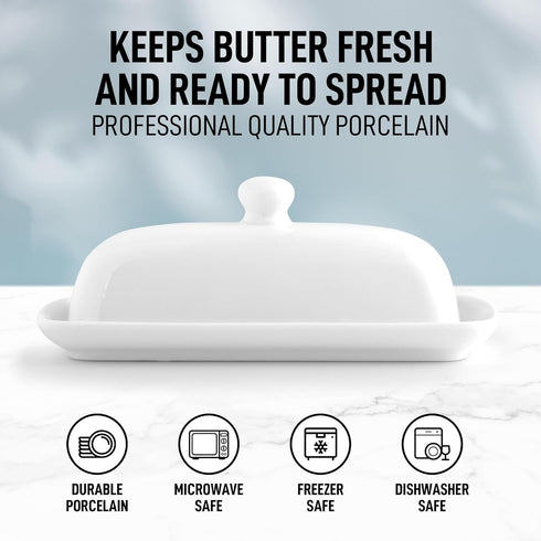 Zulay Kitchen Butter Dish with Lid, Porcelain White Ceramic Butter Keeper with Knob Handle for Cooking, Elegant Design