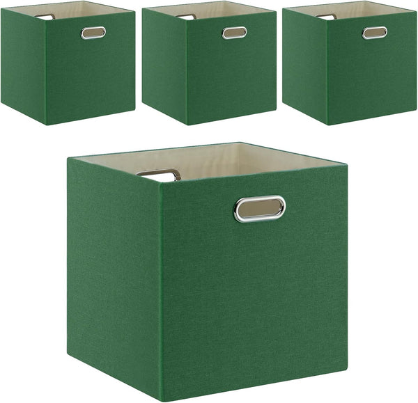 Grass Green Cube Storage Bins 11×11 Linen Foldable Box Set of 4, Large Capacity Collapsible Organization Basket for