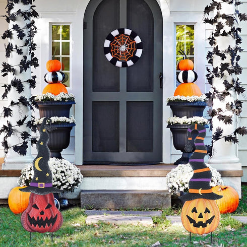 YEAHOME Halloween Decorations Outdoor - 2 Pack Metal Pumpkin Garden Stakes with Witch Hats