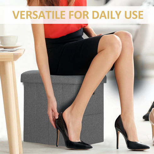 Emosoon 16.5x16.5x11.8in Tall Ottoman with Storage Collapsible Fabric Small Slim Folding Ottoman Furniture with Handles