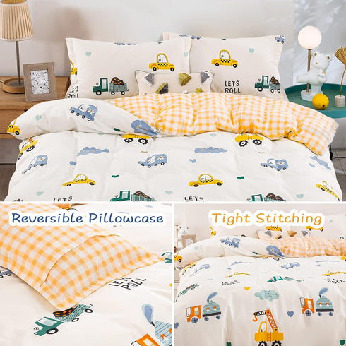 Set Set 2 Set (1 Cover+1 Kids Duvet Cover Twin, Cotton Cartoon Car Truck Bedding for Boys Girls, Pieces Soft Breathable
