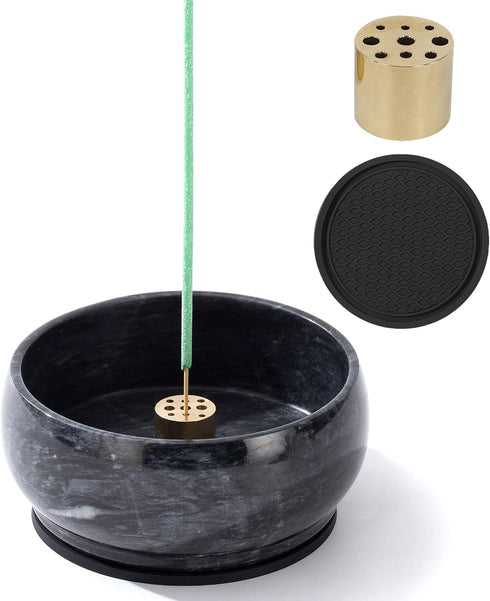 Incense Holder, Brass 9 Holes Incense Burner Ash Catcher for Home Decor, Yoga Spa Meditation (Natural Black Marble)