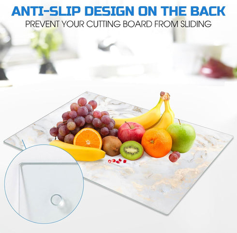 Tempered Glass Cutting Board with White Gold Marble for Kitchen,16"x 12" Glass Chopping Board with Rubber Non Anti-Slip Feet, Dishwasher Safe, Scratch, Heat Resistant,Shatter Resistant