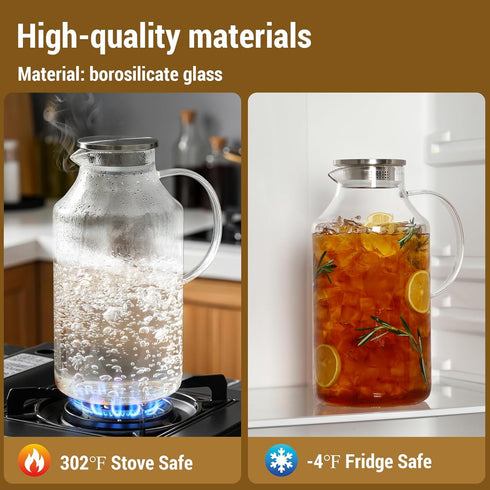 Snuvid 2 Pack 1 Gallon thickened Glass Pitcher with Lid and Spout, Borosilicate Glass Carafe for Hot/Cold Drink, Water