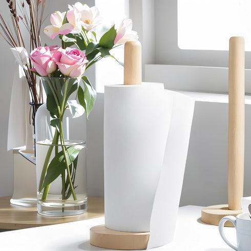 Wooden Paper Towel Holder Countertop - Solid Beechwood Dispenser Stand with Anti-Skid Base