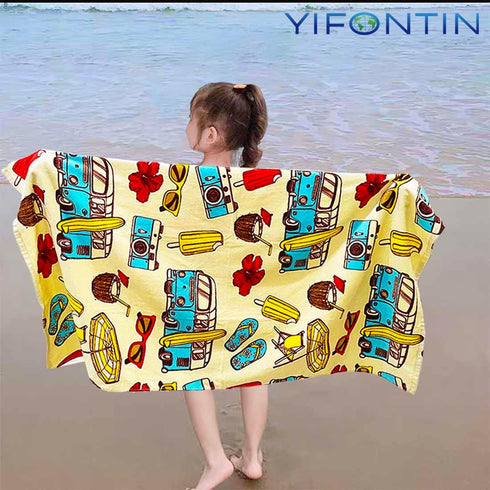 YIFONTIN Kids Beach Towel Cotton Soft Absorbent 25.5X51 inches for Bath Swimming, Coastal Tour