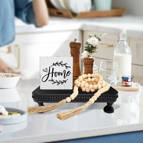 dwellington 12" Countertop Farmhouse Display Wood Riser, Decorative Black Beaded Pedestal Stand, Square Tiered Tray