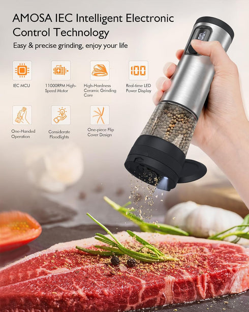 Set, 2-Speed Setting, 5 Electric Salt and Pepper Grinder Upgraded External Adjustable Coarseness, Battery Display
