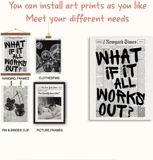 NaZaUK 70s 12x16 Retro Black And White Newspaper Poster Wall Art, What If It All Works Out Wall Art, Trendy Preppy