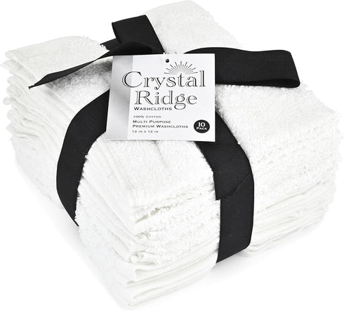 Crystal Ridge 10 Pack 12 x12 Cotton Wash Cloths - Washcloths for Showering, Face and Body, Soft and Highly Absorbent