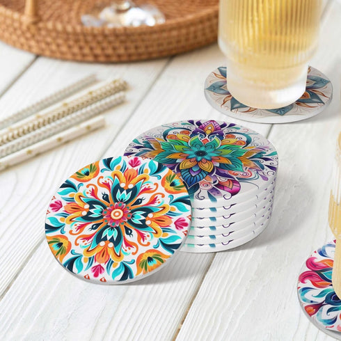 Set 6, Boho Coasters of Coasters for Drinks Absorbent Stone with Holder, Mandala Flower Ceramic Drink Coaster