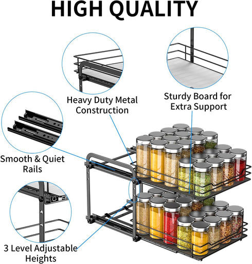 RCHYFEED 2 Tier Pull Out Spice Rack Organizer for Cabinet, Height Adjustable Heavy Duty Vertical Shelf