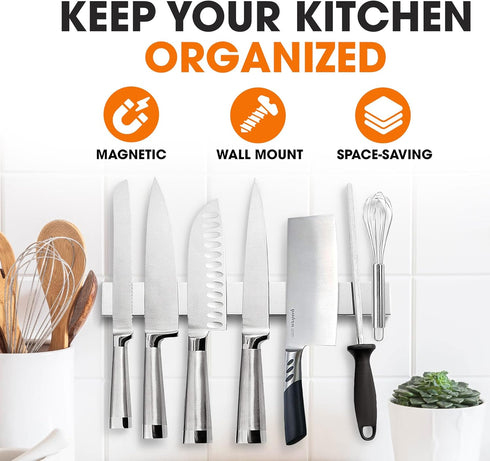 Cheer Collection Magnetic Knife Holder - 16 Inch Stainless Steel Knife Strip - Wall-Mounted Kitchen Utensil & Tool Organizer