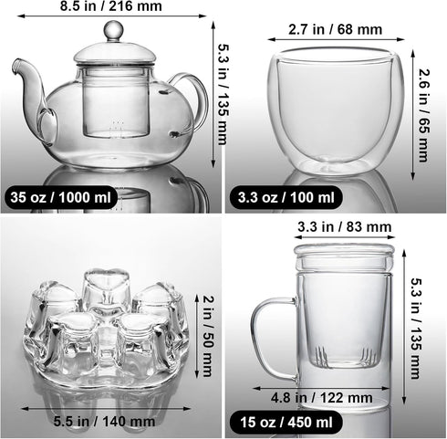 2-IN-1 Sets 4 Glass Tea for Adults - Includes Glass Teapot and Mug with Infuser, Warmer Base, Double Wall Glass Tea Cup