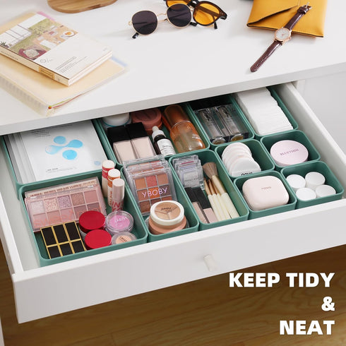 CHANCETSUI 11-Piece Stackable Drawer Organizer Set, Multi-size Storage Bins for Makeup, Stationery, Utensils in