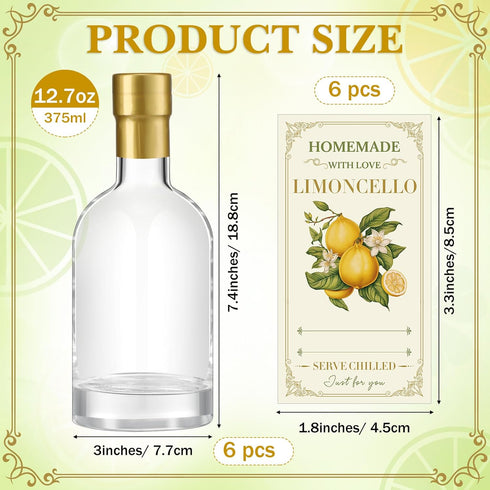 Funnymoom 6 Set 12.7 oz Limoncello Glass Bottles Gift with Airtight Lid Cap Homemade Limoncello Bottles with Labels
